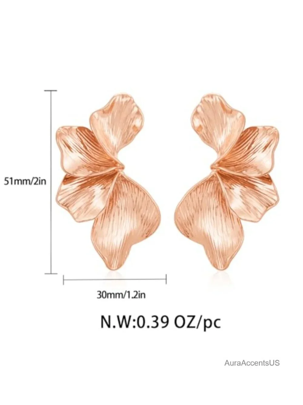 Chunky Gold Plated Statement Earrings Boho Floral Leaf Studs - 51mm